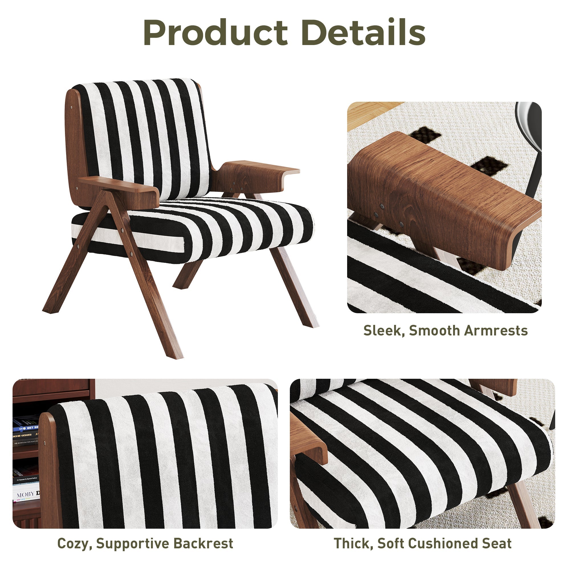 Modern Accent Armchair with Stripe Design & Wooden Frame - Black & White