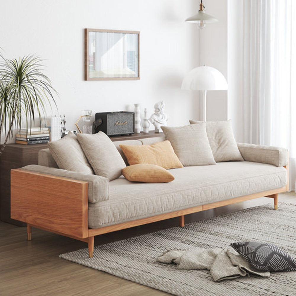 WEHOMZ Beige Linen Fabric 3-Seater Sofa with Solid Wood Frame & Japandi Style for Modern Living Rooms