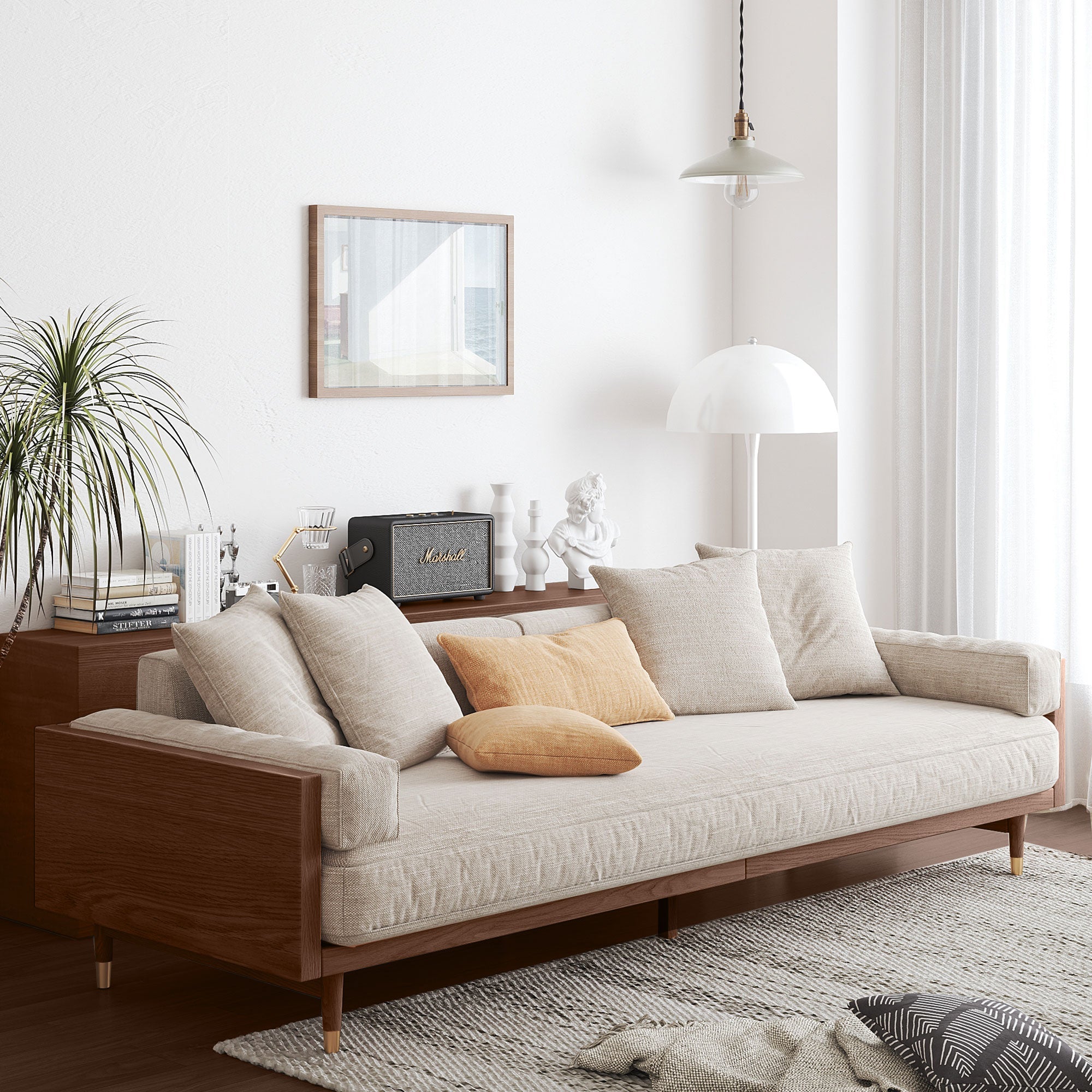 WEHOMZ Beige Linen Fabric 3-Seater Sofa with Solid Wood Frame & Japandi Style for Modern Living Rooms