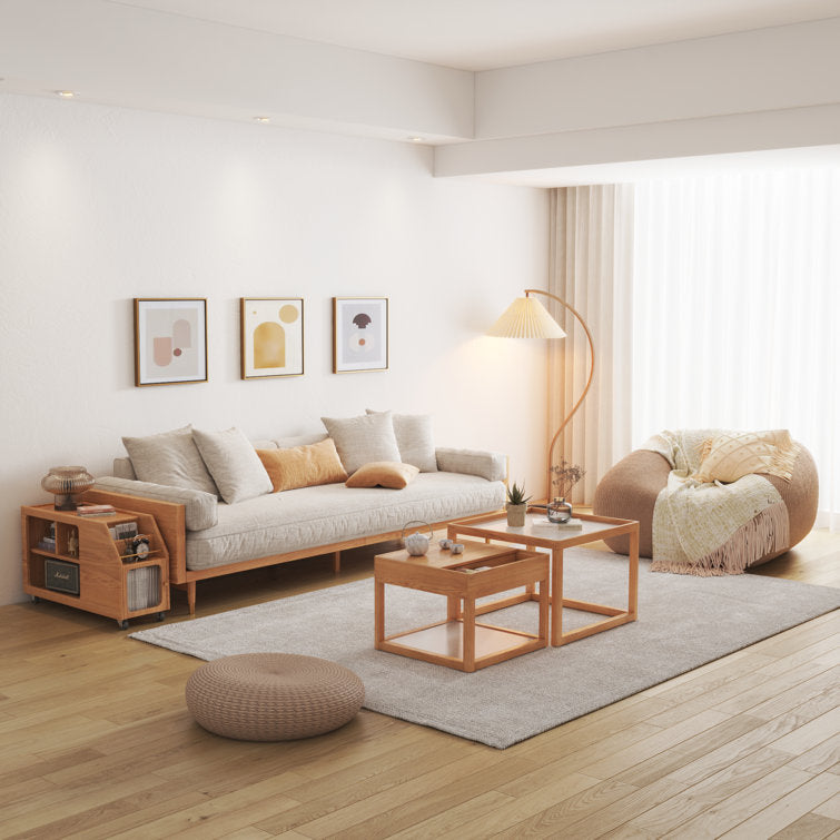 WEHOMZ Beige Linen Fabric 3-Seater Sofa with Solid Wood Frame & Japandi Style for Modern Living Rooms
