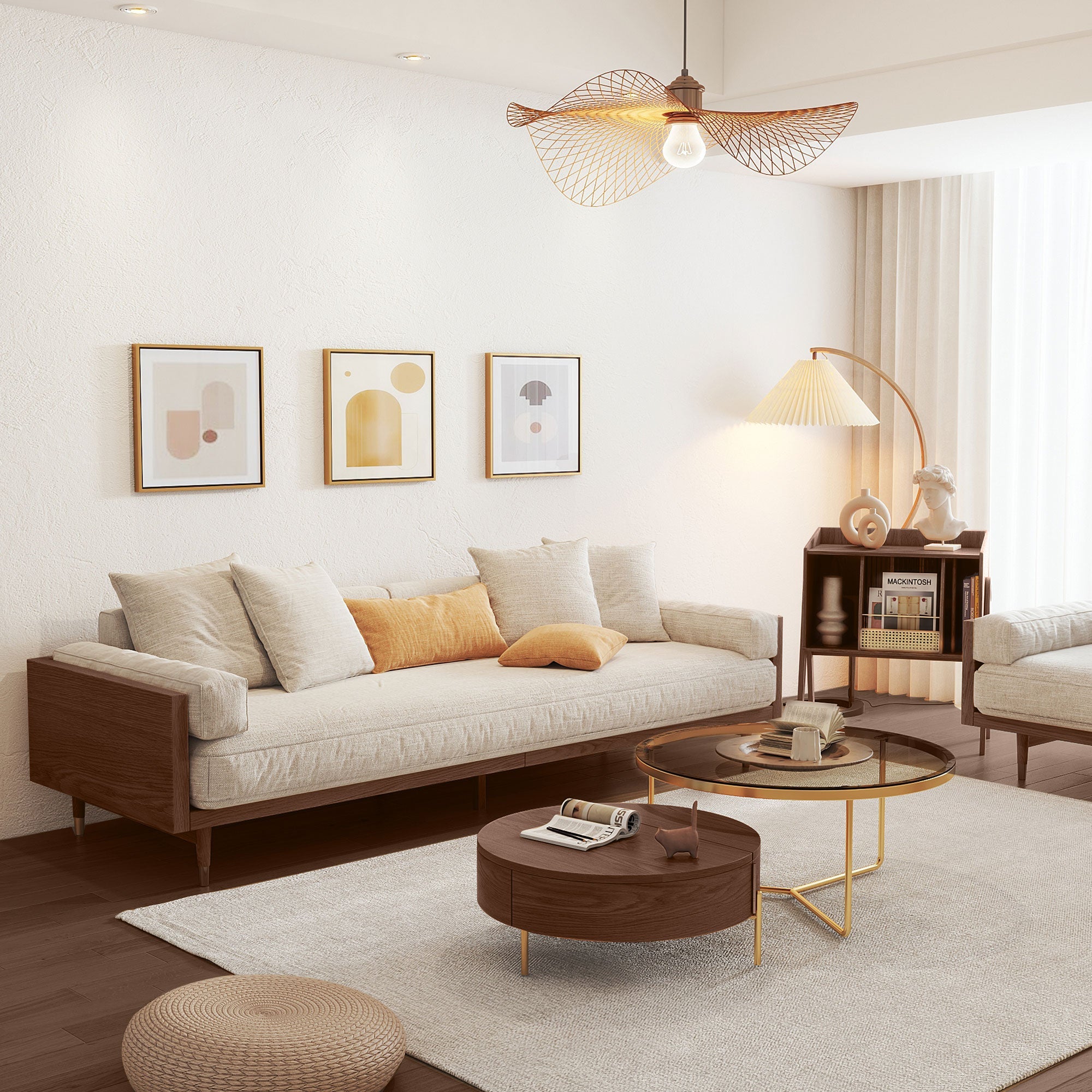WEHOMZ Beige Linen Fabric 3-Seater Sofa with Solid Wood Frame & Japandi Style for Modern Living Rooms