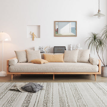 Modern Beige 3-Seat Upholstered Linen Fabric Sofa with Solid Wood Frame for Living Room