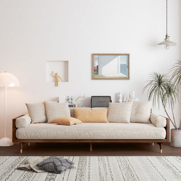 WEHOMZ Beige Linen Fabric 3-Seater Sofa with Solid Wood Frame & Japandi Style for Modern Living Rooms