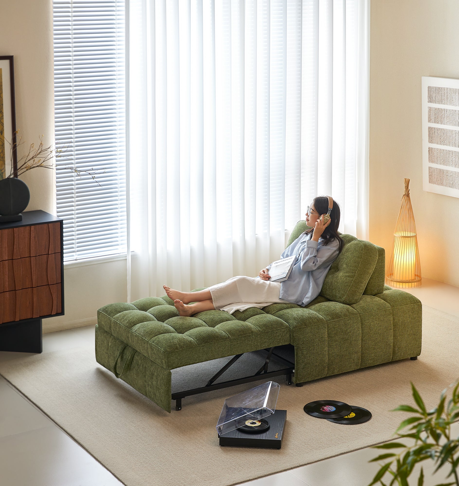 WEHOMZ Modern Chenille Pull-Out Sofa Bed – Forest Green, Creamy White & Ivory Teddy Plush