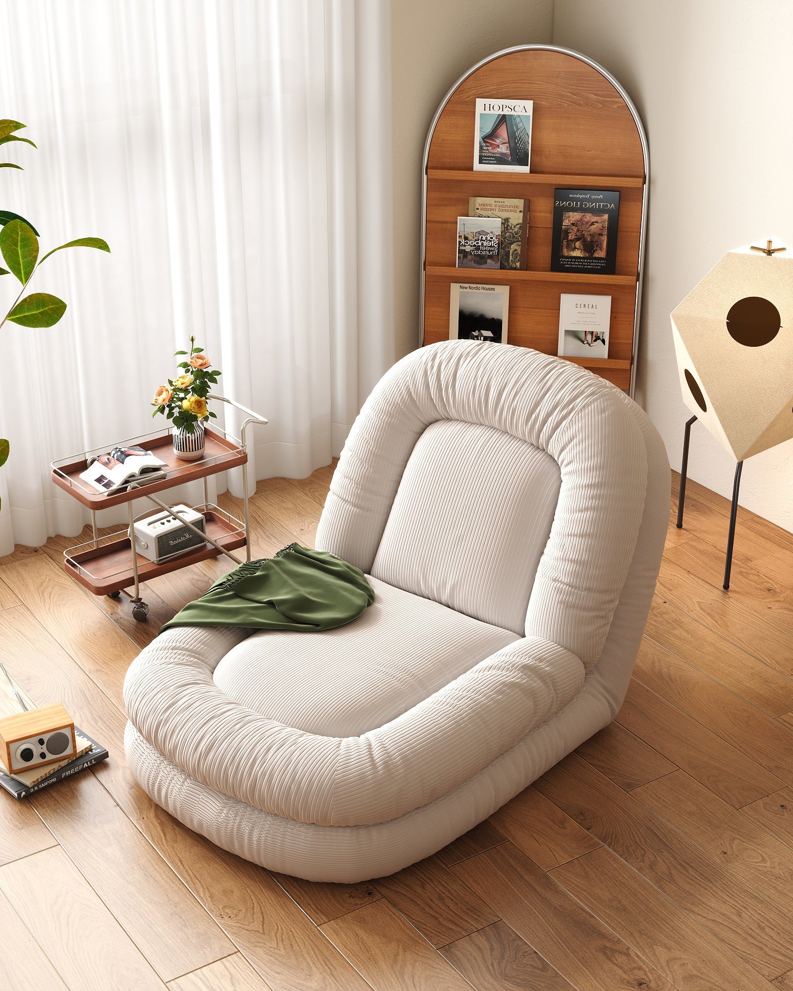 Beige Modern Convertible Sleeper Sofa Bed in Plush Teddy Velvet