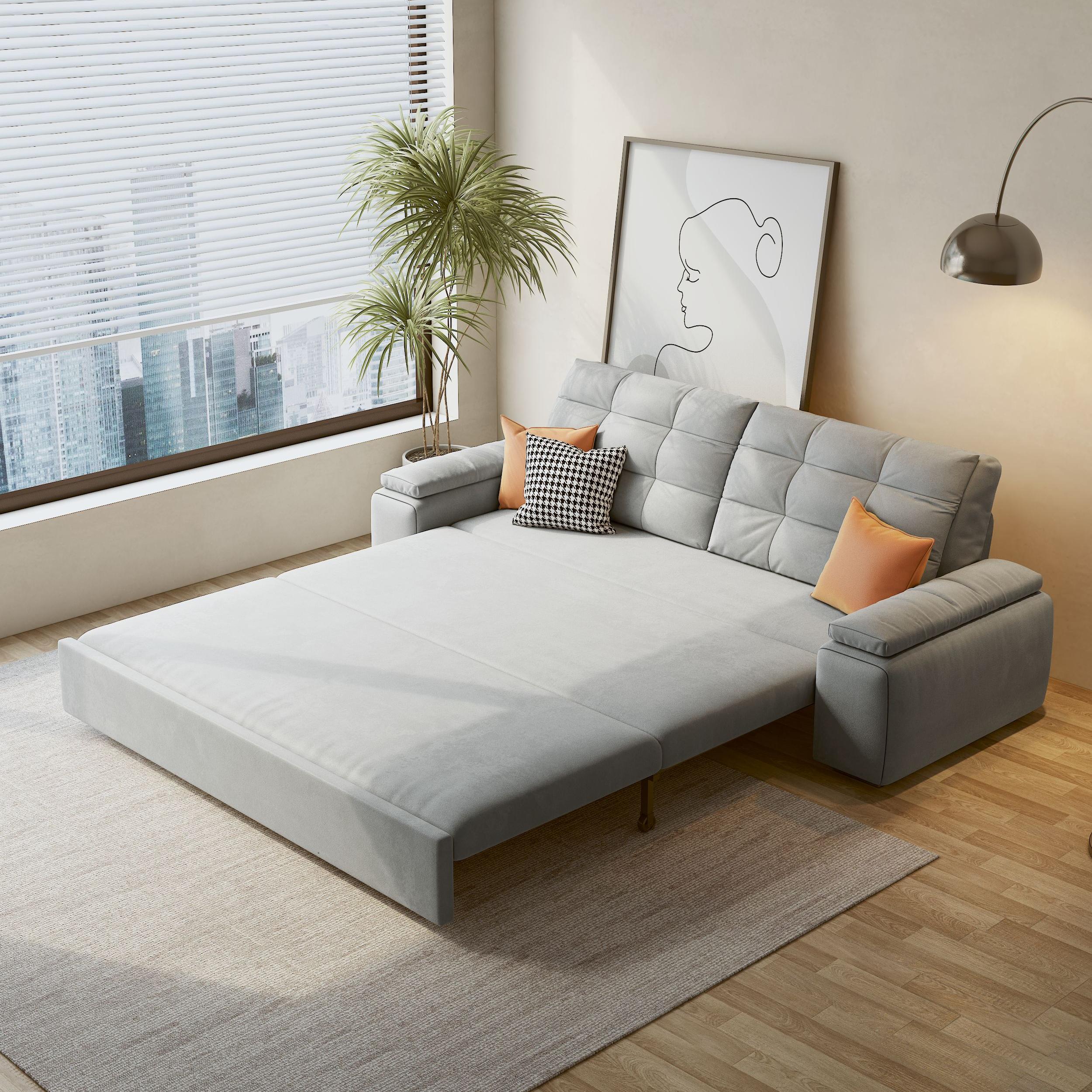 Velvet Modern Convertible Sleeper Sofa Bed with Storage & Pull-Out Couch - Available in Blue, Deep Grey, Light Grey