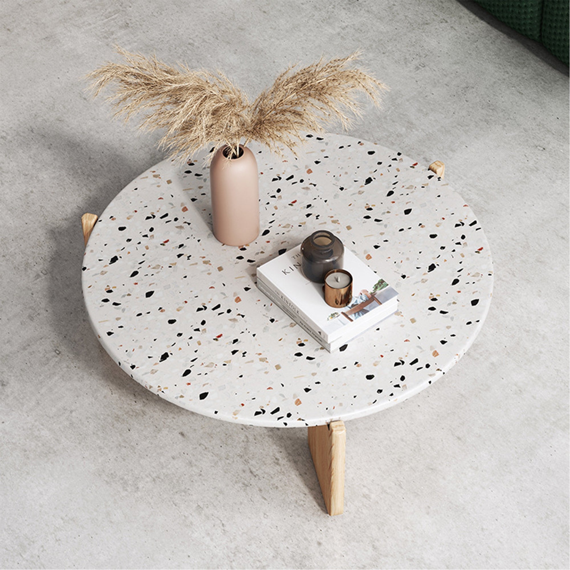 Modern White Terrazzo & Wooden End Table Set – Round Coffee Side Tables