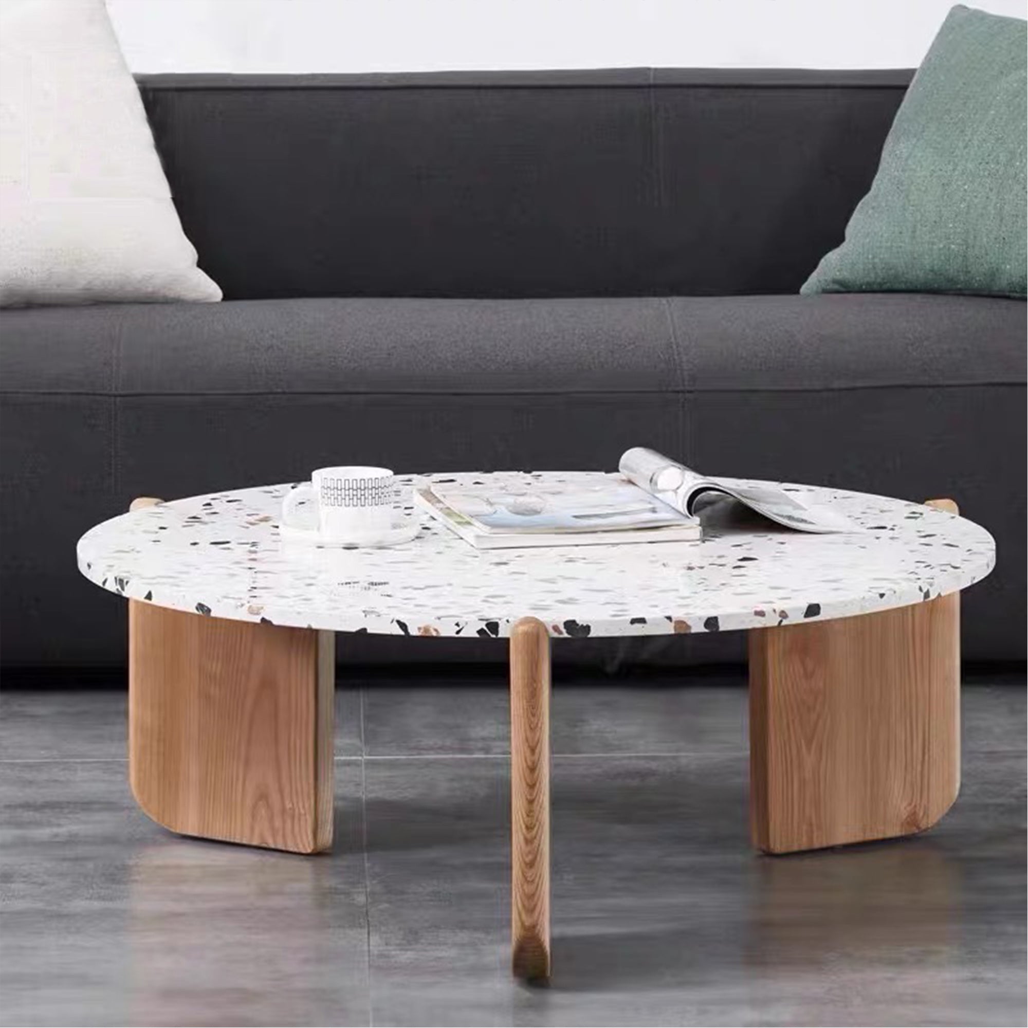 Modern White Terrazzo & Wooden End Table Set – Round Coffee Side Tables