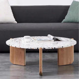 Modern White Terrazzo & Wooden End Table Set – Round Coffee Side Tables