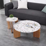 Modern White Terrazzo & Wooden End Table Set – Round Coffee Side Tables
