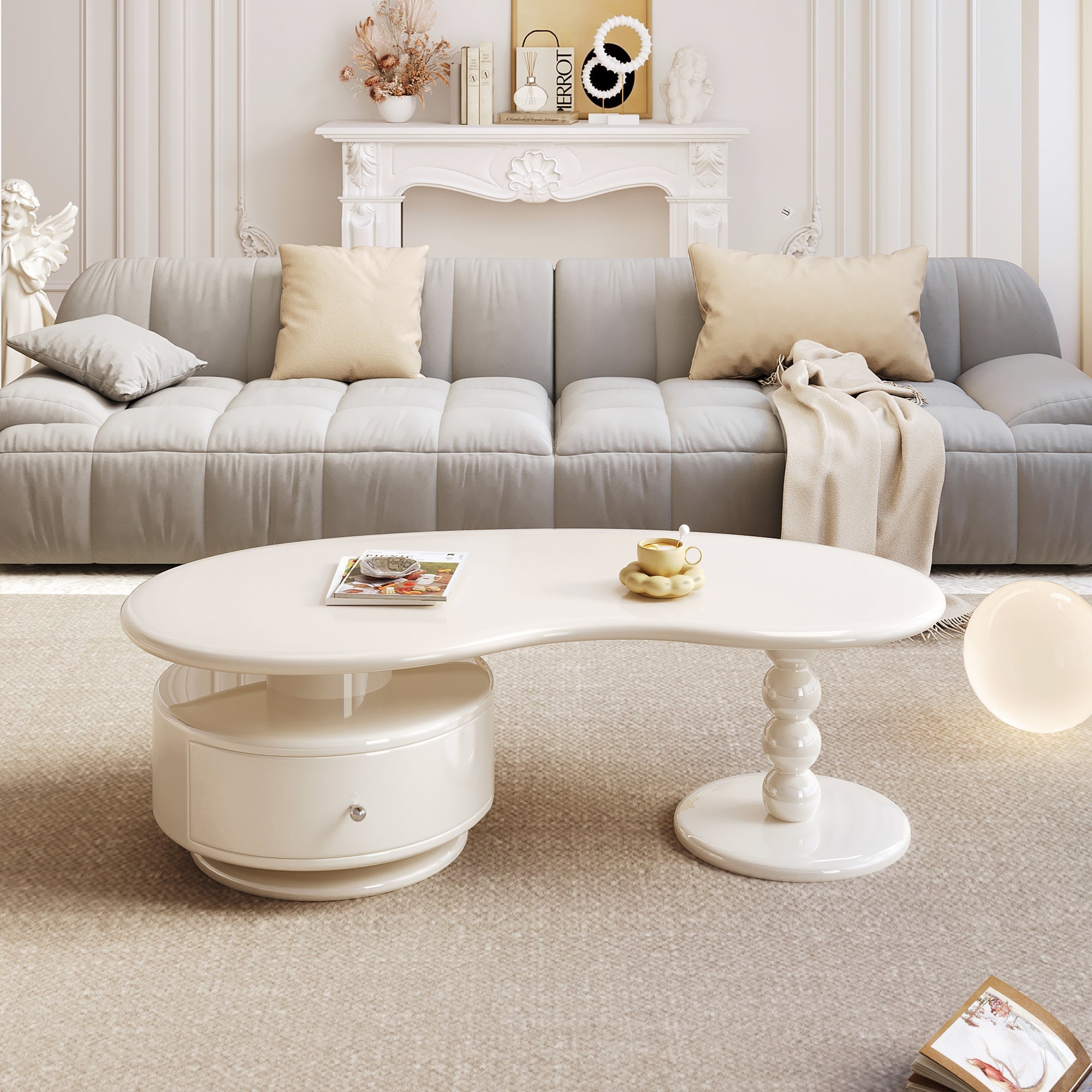 Modern White Coffee Table with Storage - MDF Material, Irregular Shape & Elegant Design