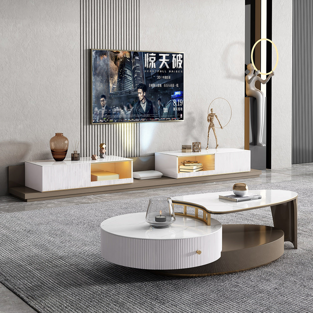 Modern Extendable Oval Coffee Table with Sintered Stone Top, Wood Frame & Dual Storage Drawers