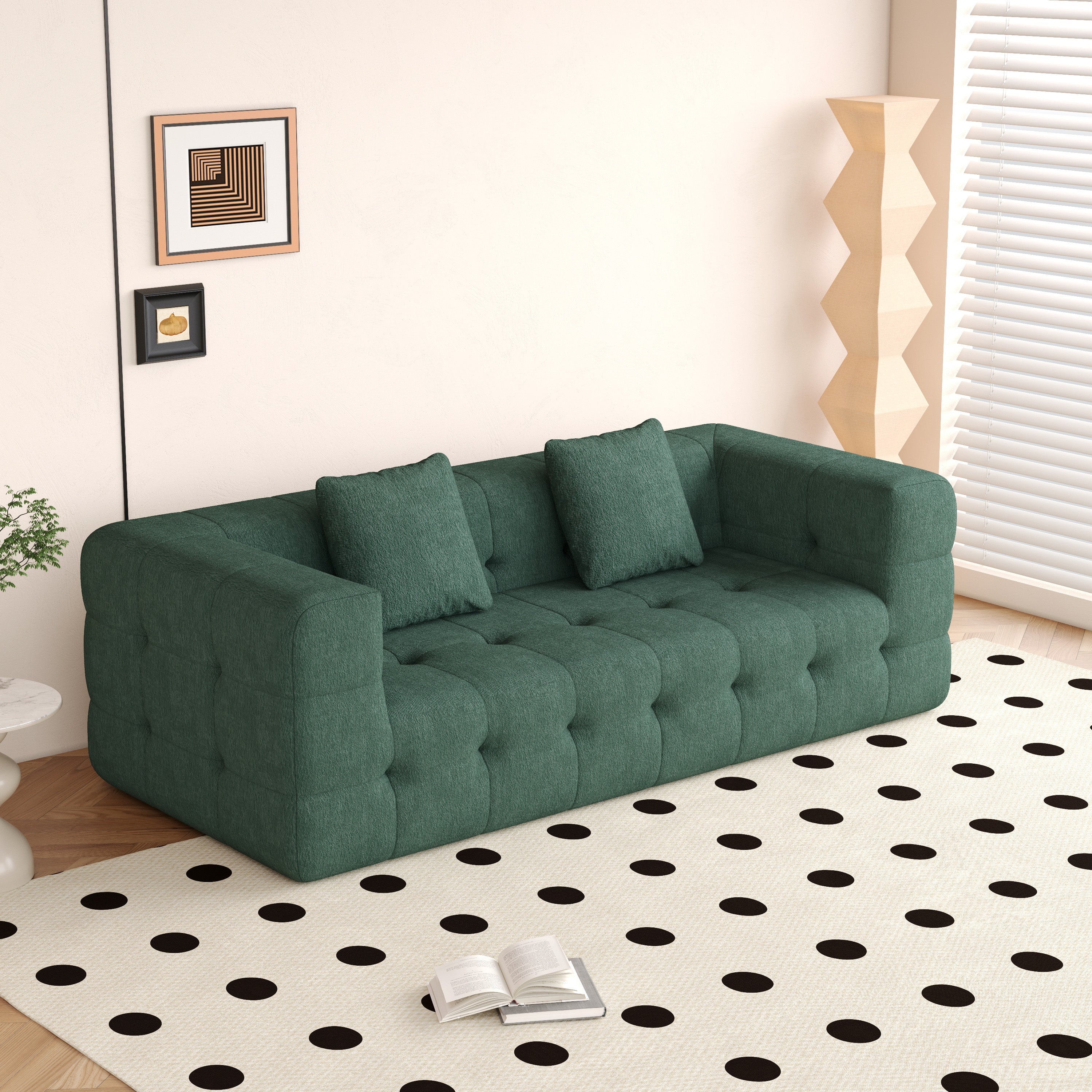 WEHOMZ Contemporary Green Love Seat with Chenille Velvet, Tuxedo Arms & Tufted Detailing