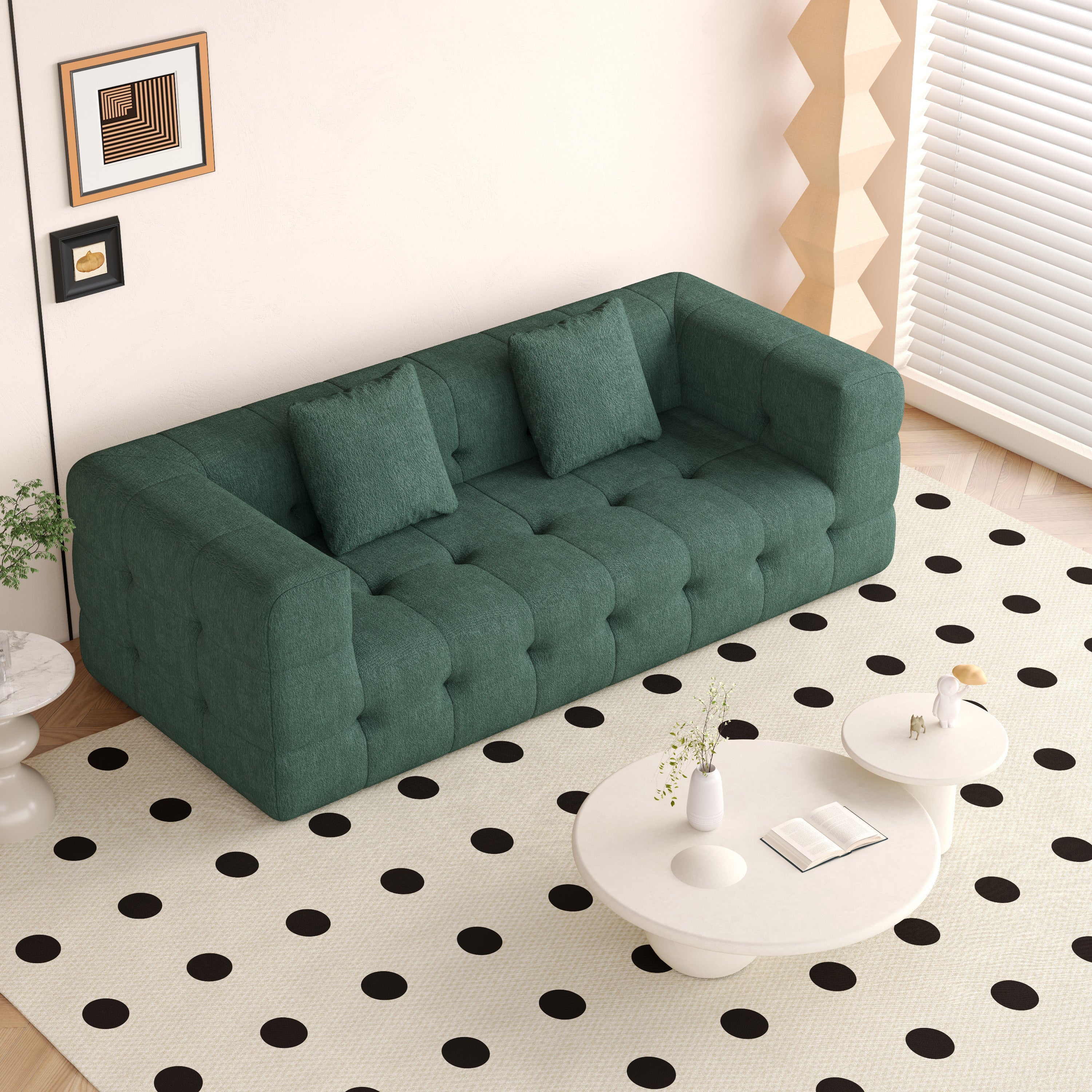 WEHOMZ Contemporary Green Love Seat with Chenille Velvet, Tuxedo Arms & Tufted Detailing