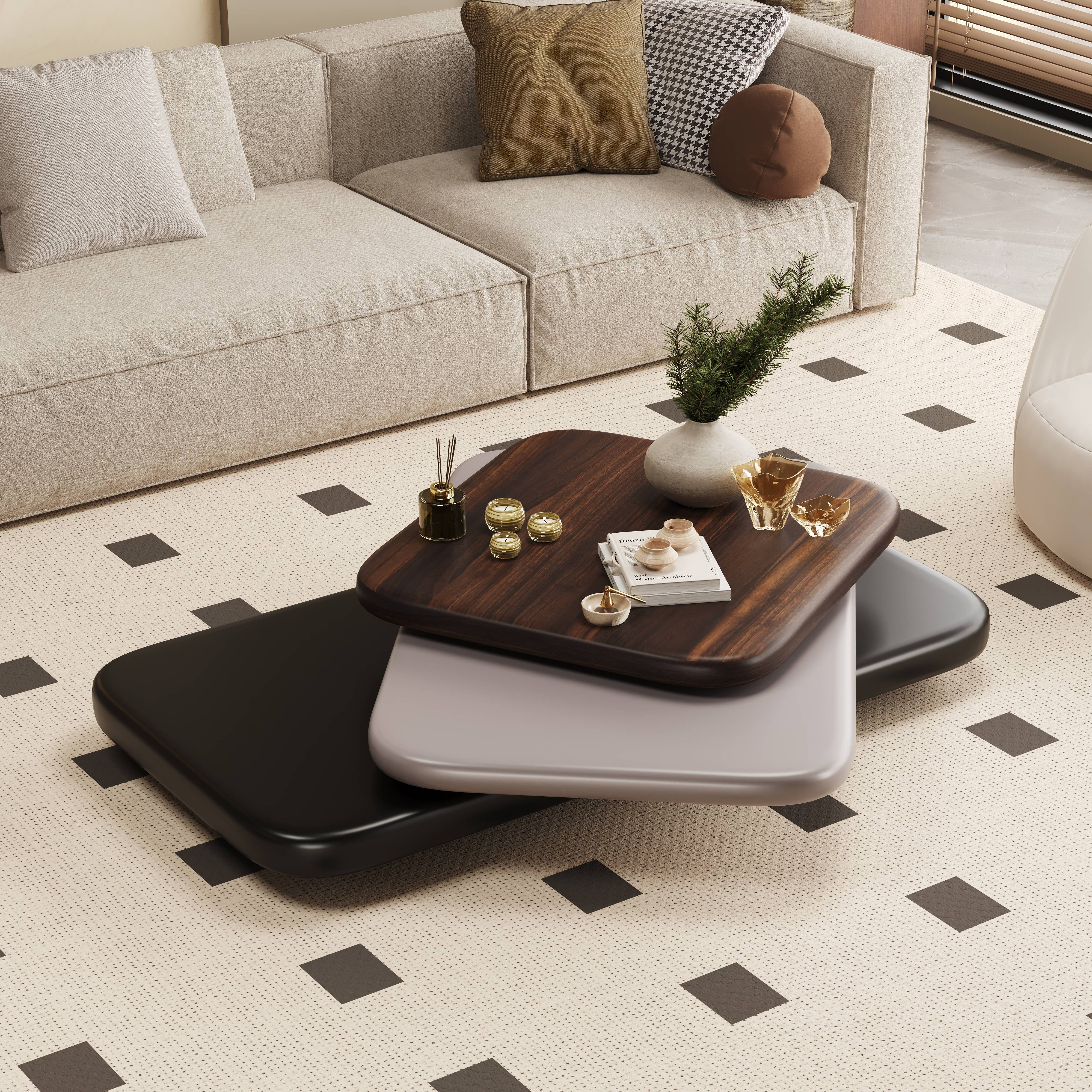 Modern Minimalist Rotating Coffee Table in Brown MDF & Solid Wood
