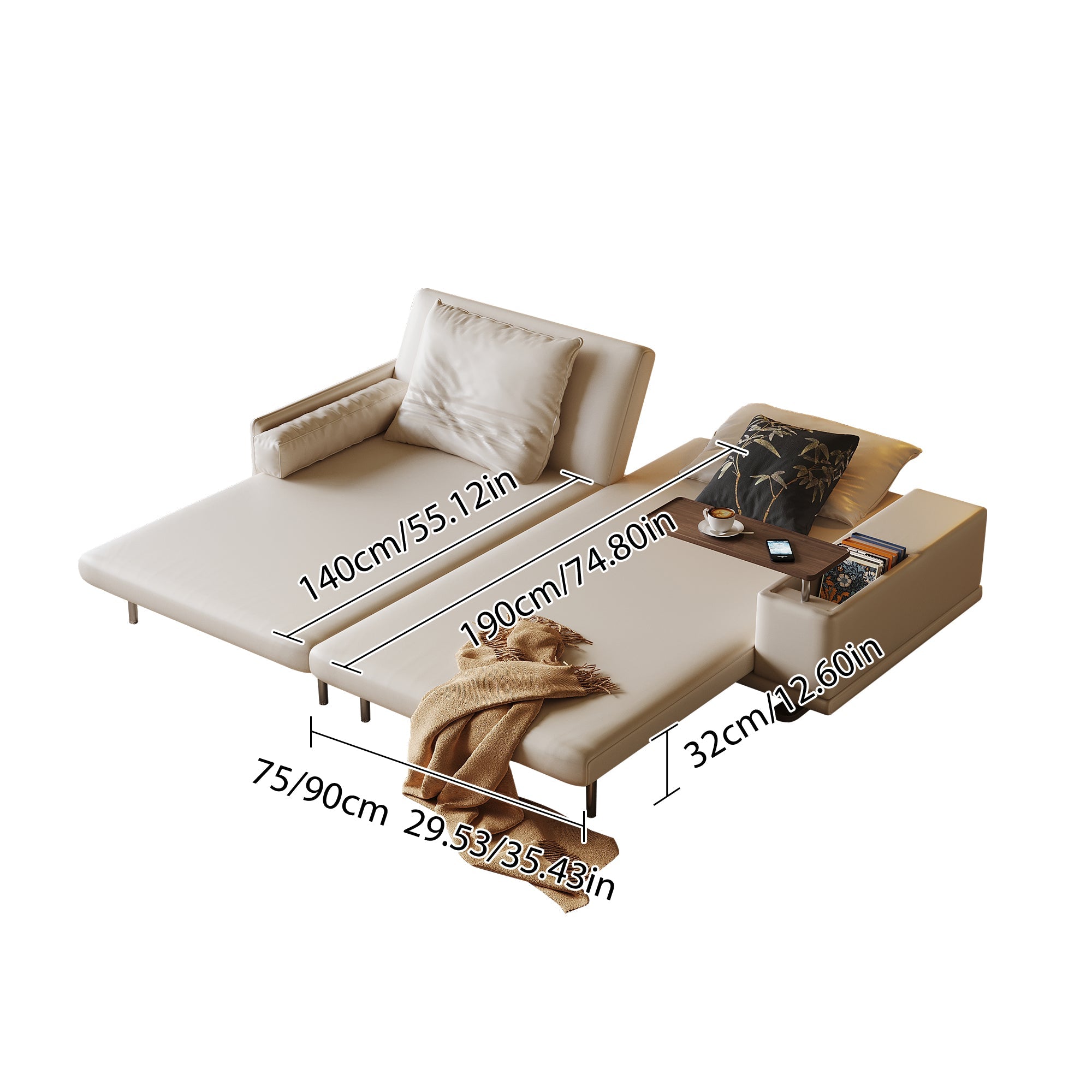 Modern Minimalist Folding Sofa Bed with Reversible Armrests, Adjustable Side Table & Eco Leather