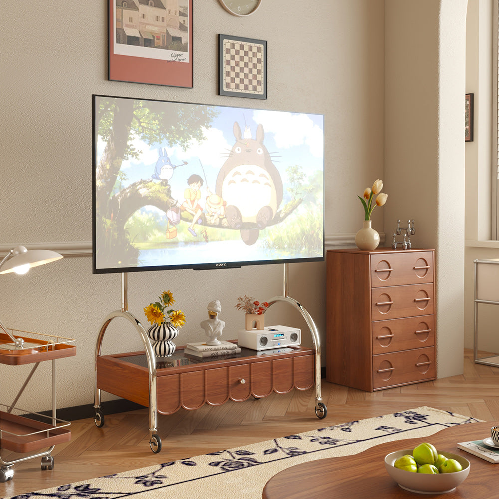 Modern Brown Wooden TV Stand with Storage & Wheels - Mobile Media Console