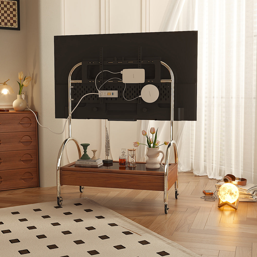 Modern Brown Wooden TV Stand with Storage & Wheels - Mobile Media Console