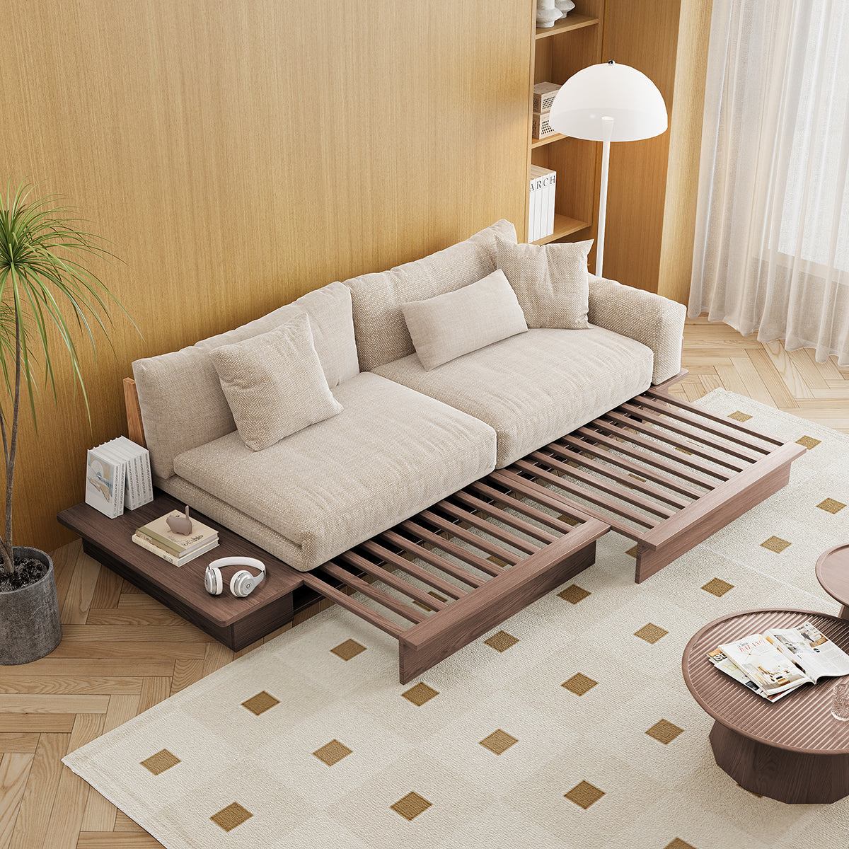 Modern Pull-Out Floor Sofa Bed with Reversible Armrests, Lift-Top Storage in Beige & Green or Coffee Color