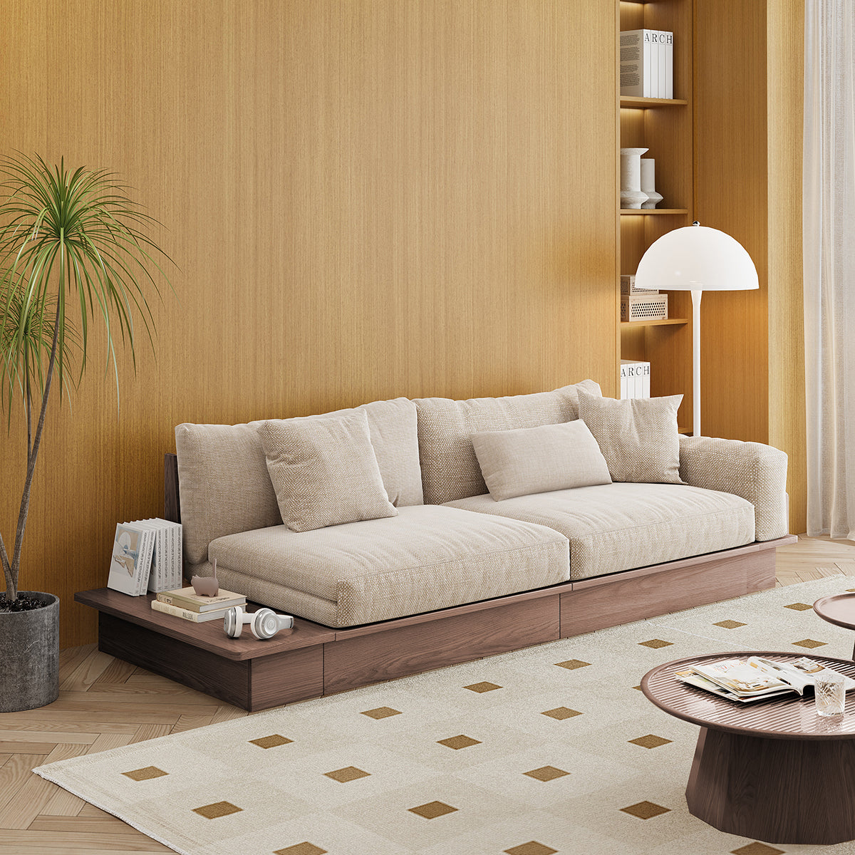 Modern Pull-Out Floor Sofa Bed with Reversible Armrests, Lift-Top Storage in Beige & Green or Coffee Color