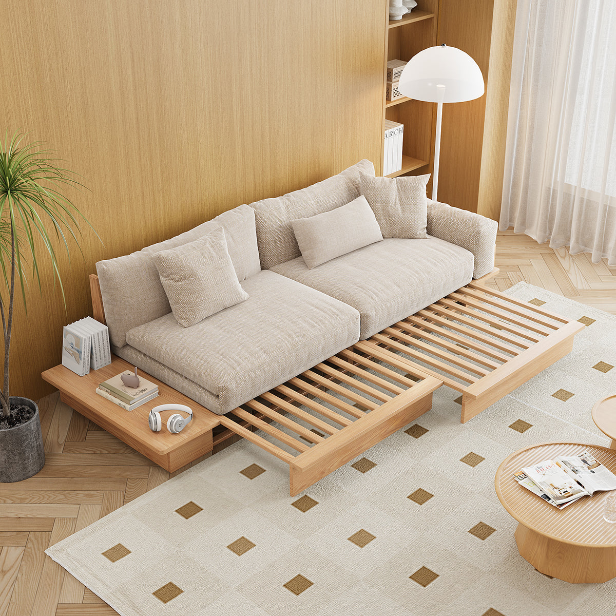 Modern Pull-Out Floor Sofa Bed with Reversible Armrests, Lift-Top Storage in Beige & Green or Coffee Color