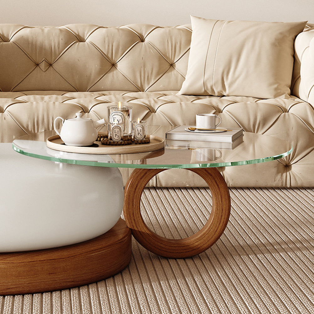 WEHOMZ Modern Round Coffee Table with Glass Top & Dual-Tier Solid Wood Base