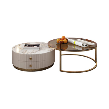 Modern Round Coffee Table Set with Sintered Stone Top, 2 Drawers & Gold Metal Legs