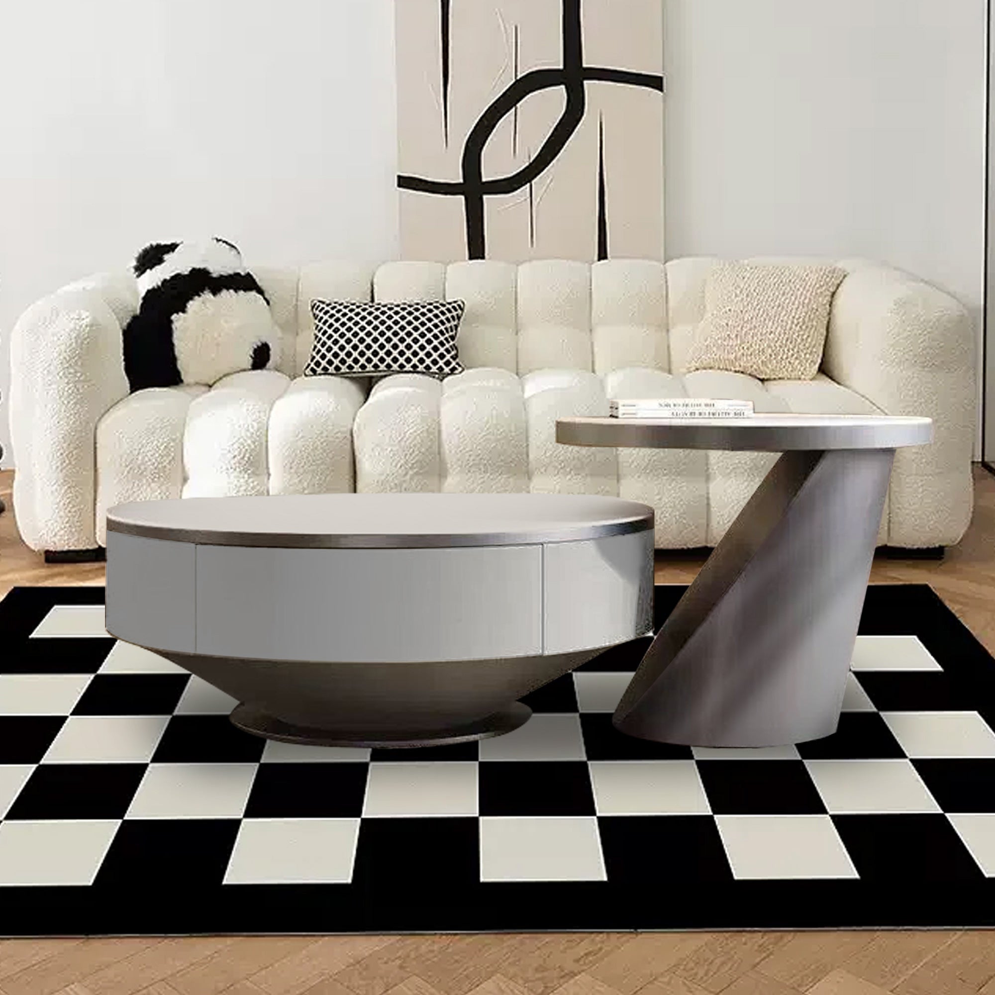 Modern White Round Nesting Coffee Tables with Storage Drawers, Sintered Stone Top, Set of 2