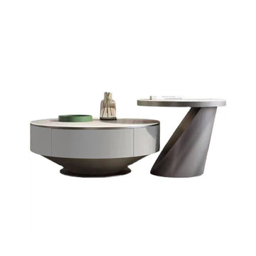 Modern White Round Nesting Coffee Tables with Storage Drawers, Sintered Stone Top, Set of 2