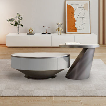 Modern Round Nesting Coffee Table Set of 2 with Drawer & Storage