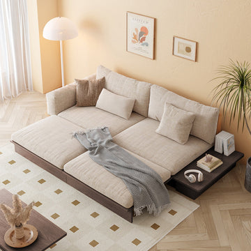 WEHOMZ Modern Solid Wood Beige Folding Sofa Bed – Cotton Linen Upholstery & Reversible Armrest