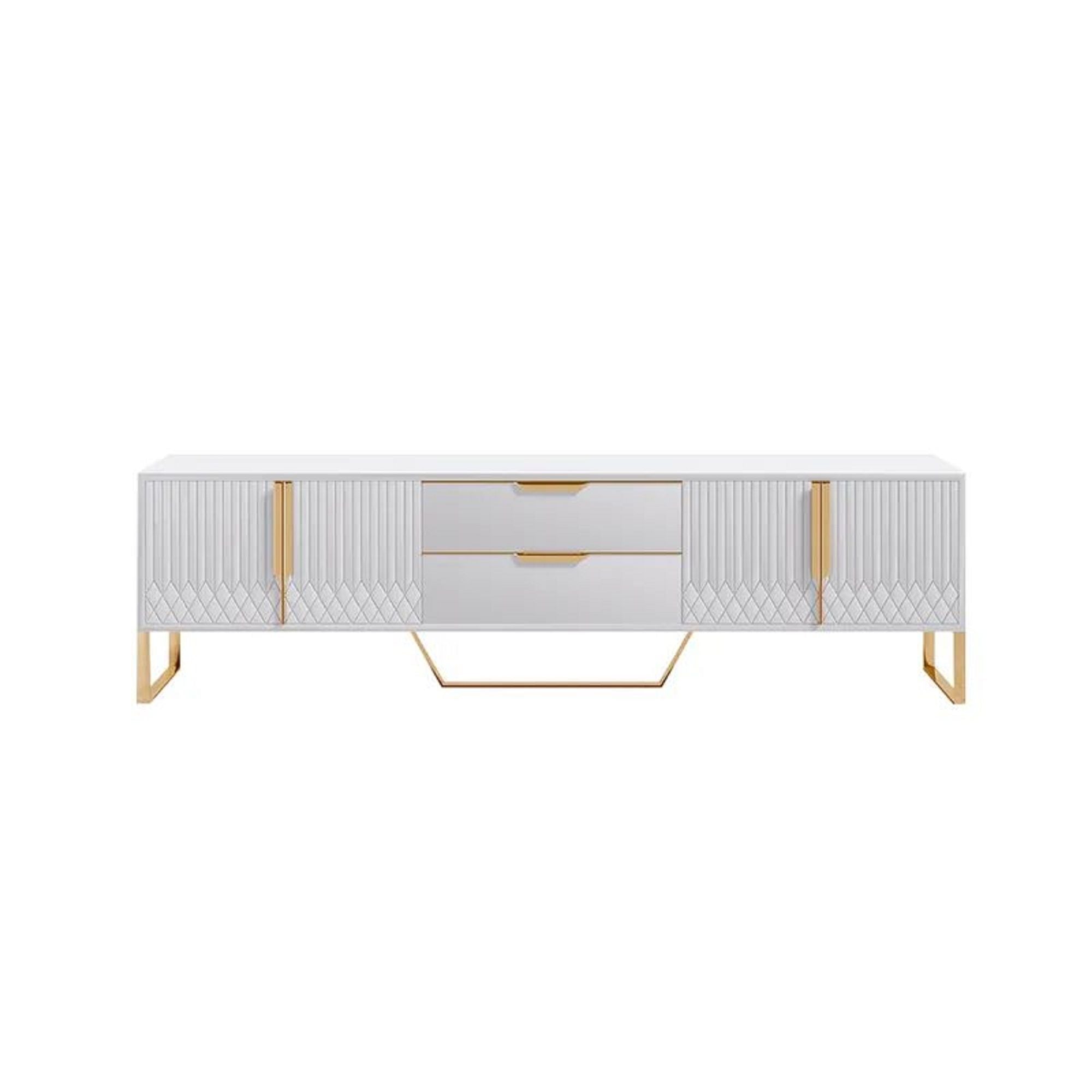 Modern White & Black TV Stand with 2 Drawers & Cabinets, Stainless Steel Feet - Media Console