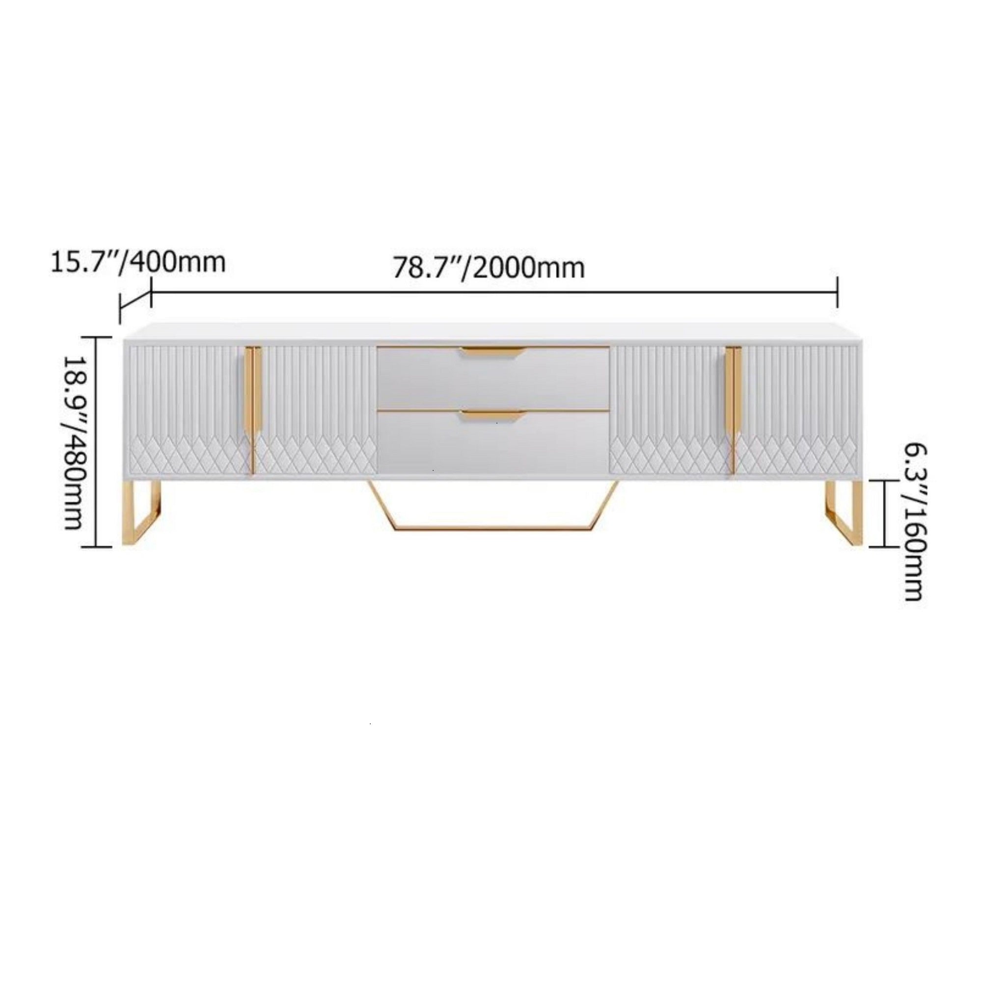 Modern White & Black TV Stand with 2 Drawers & Cabinets, Stainless Steel Feet - Media Console