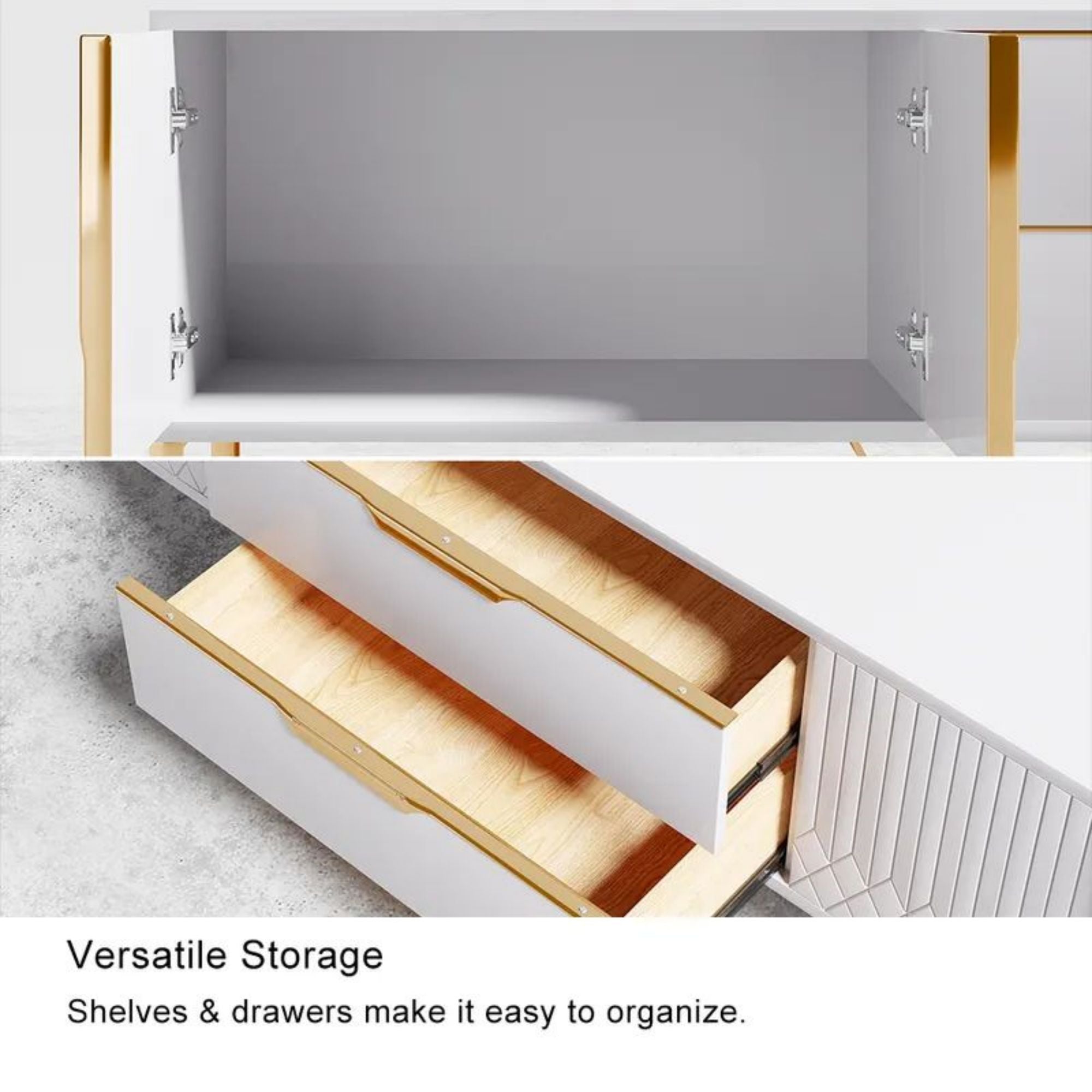 Modern White & Black TV Stand with 2 Drawers & Cabinets, Stainless Steel Feet - Media Console