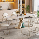 Modern 6-Seater White Dining Table with Sintered Stone Top & Gold Metal Base