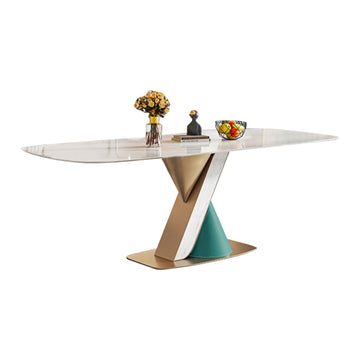 Modern 6-Seater White Dining Table with Sintered Stone Top & Gold Metal Base