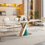 Modern 6-Seater White Dining Table with Sintered Stone Top & Gold Metal Base