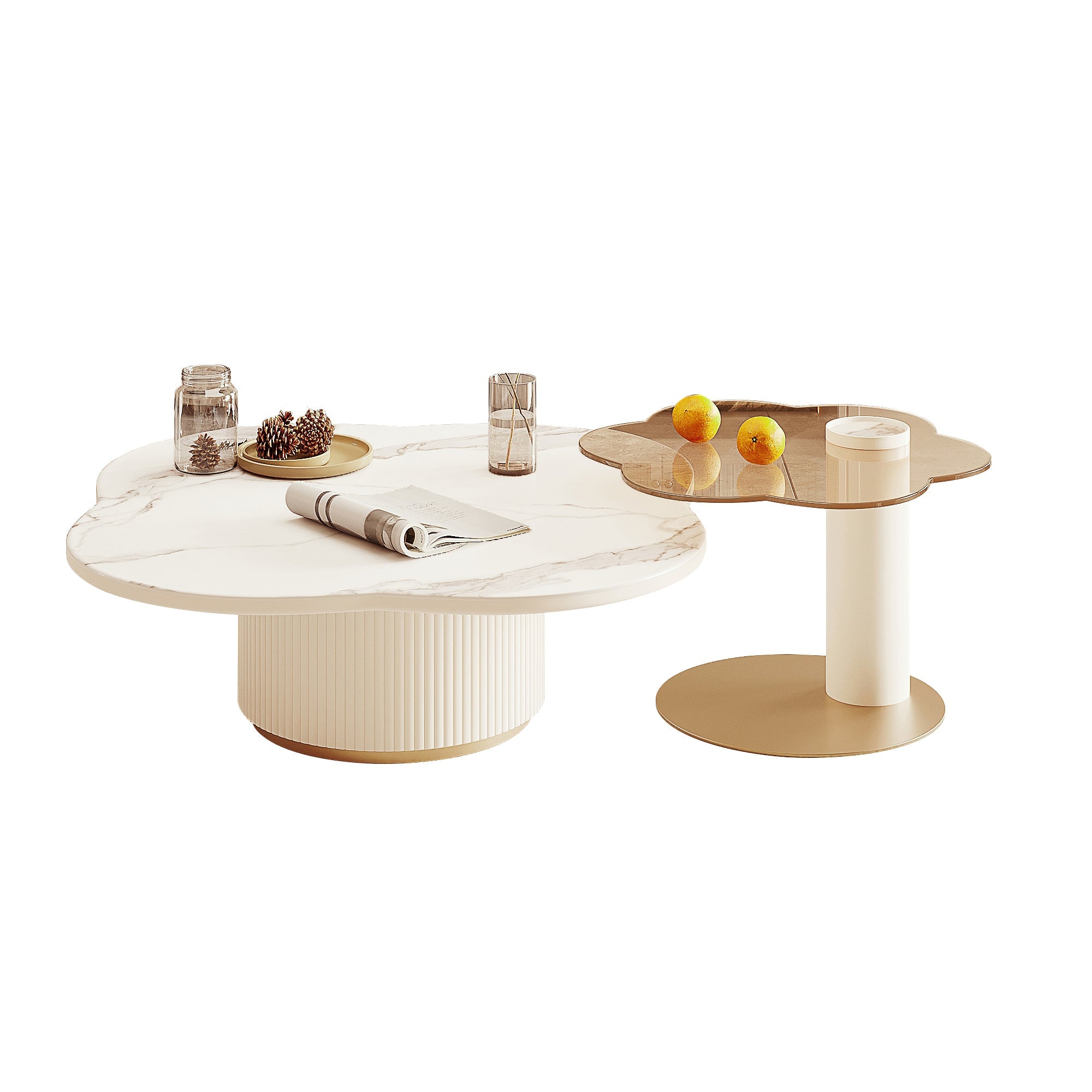 Modern Cloud-Shaped White Coffee Table with Wood Base & Sintered Stone Top