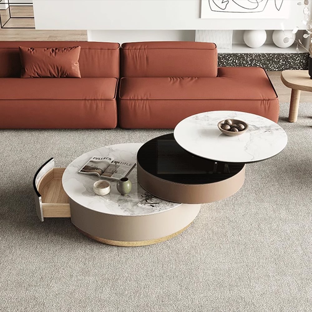 Nested Round Coffee Table Set with Storage & Sintered Stone Top - White & Gray