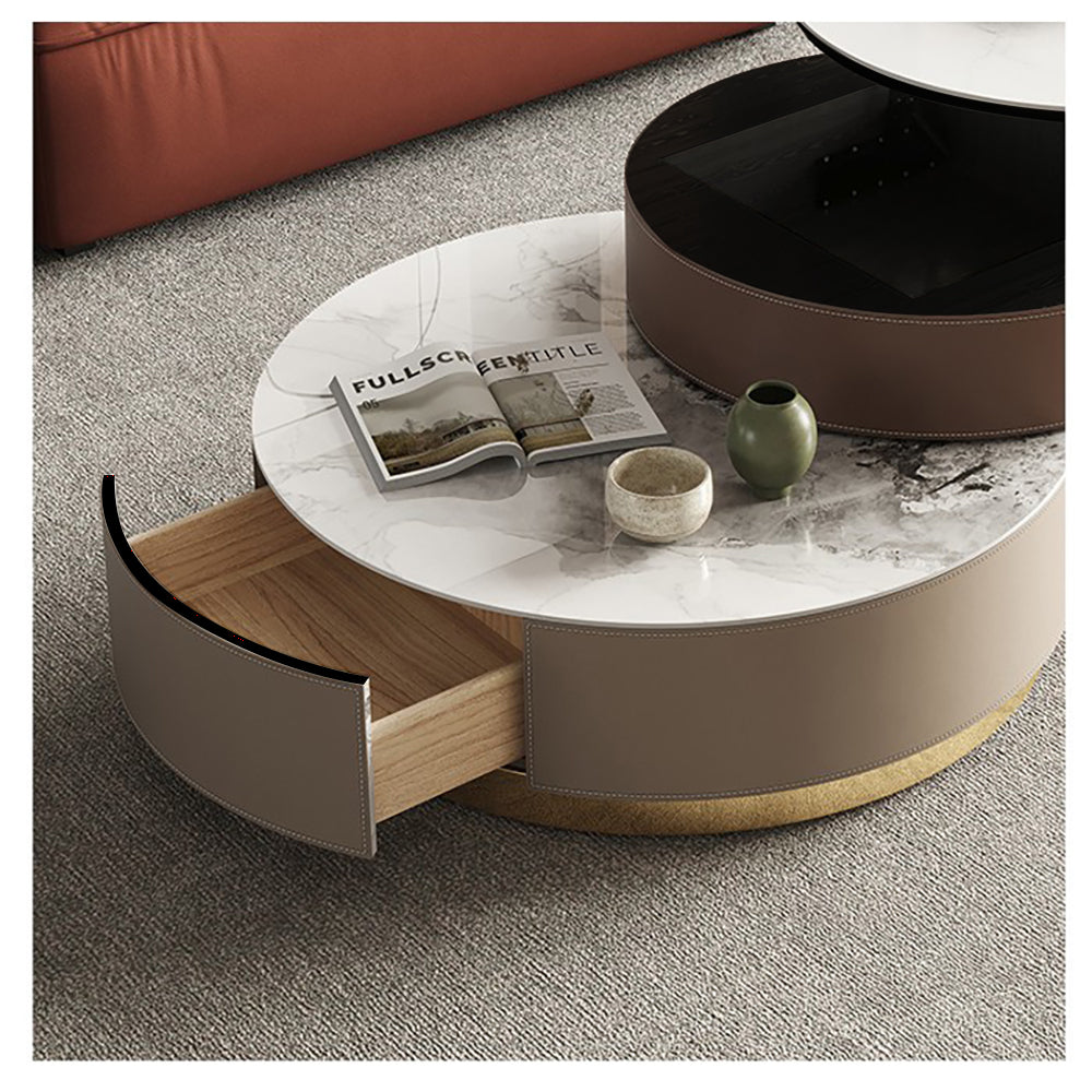 Nested Round Coffee Table Set with Storage & Sintered Stone Top - White & Gray