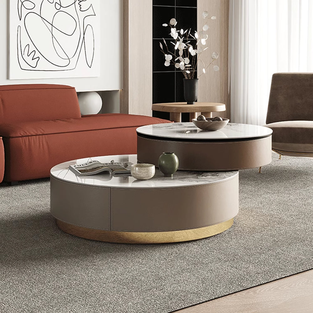 Nested Round Coffee Table Set with Storage & Sintered Stone Top - White & Gray