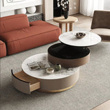 Nested Round Coffee Table Set with Storage & Sintered Stone Top - White & Gray