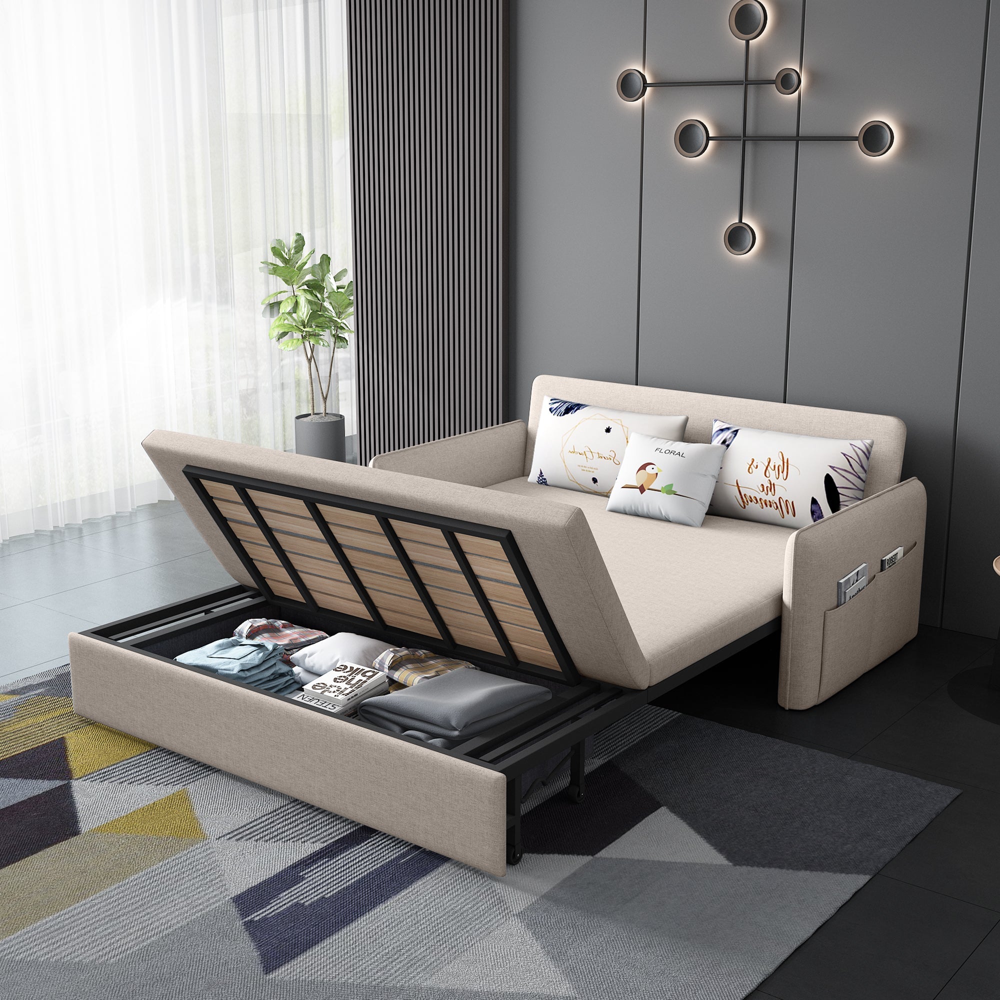 Beige Cotton-Linen One-Seater Loveseat Sleeper Sofa with Storage & Convertible Design