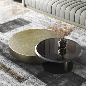 Gold & Black 2-Piece Round Nesting Coffee Table Set with Tempered Glass Top