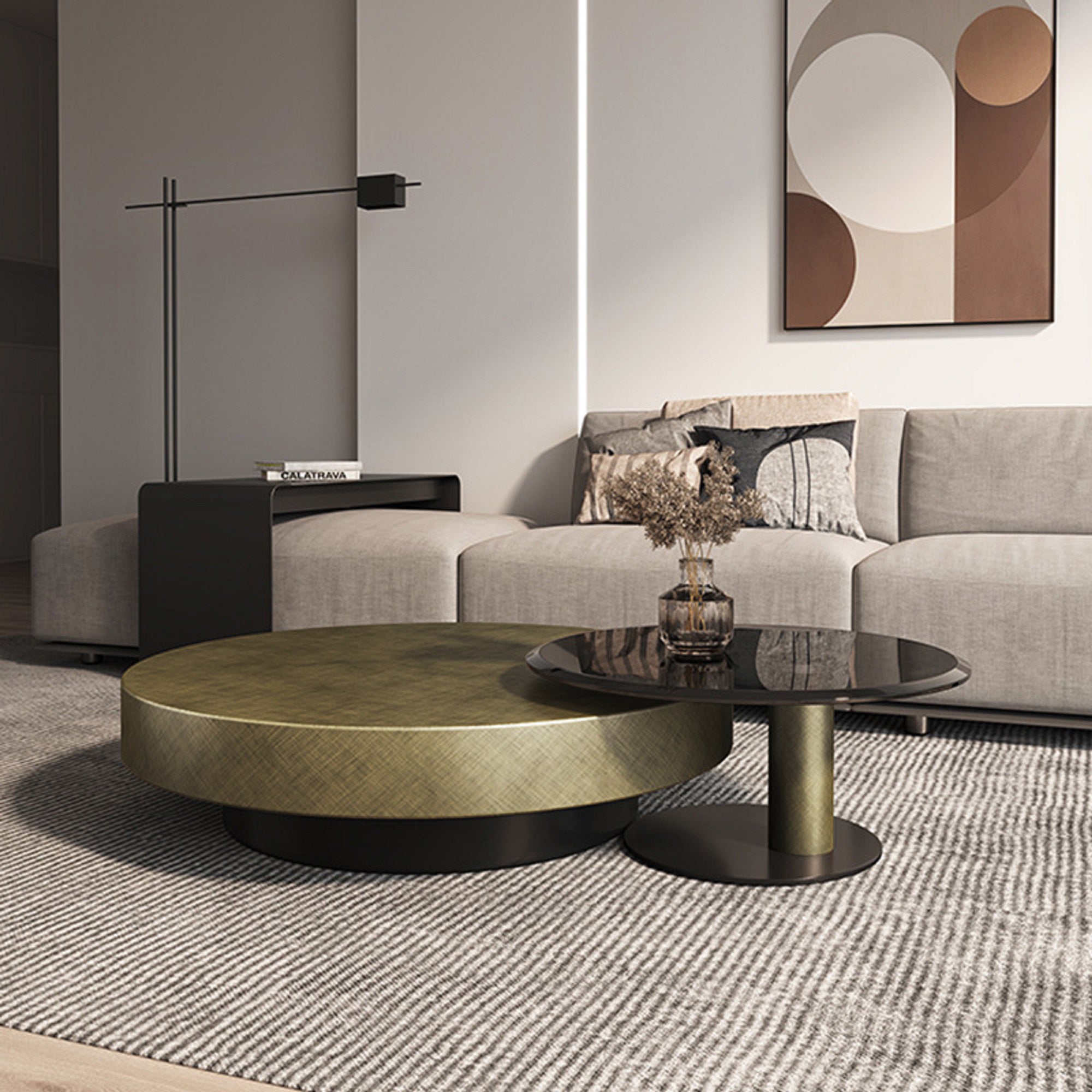 Gold & Black Round Nesting Coffee Table Set, Tempered Glass Top, Modern Style