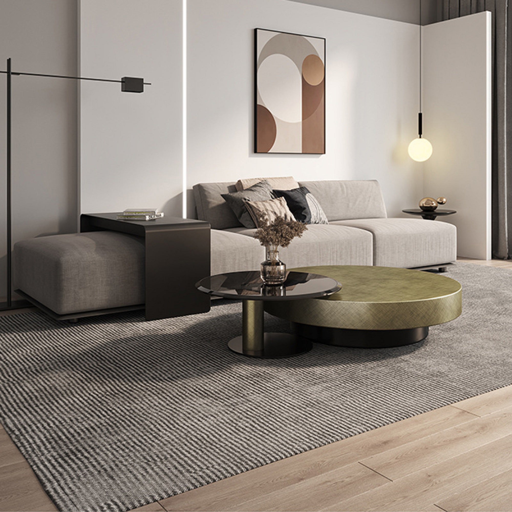 Gold & Black Round Nesting Coffee Table Set, Tempered Glass Top, Modern Style