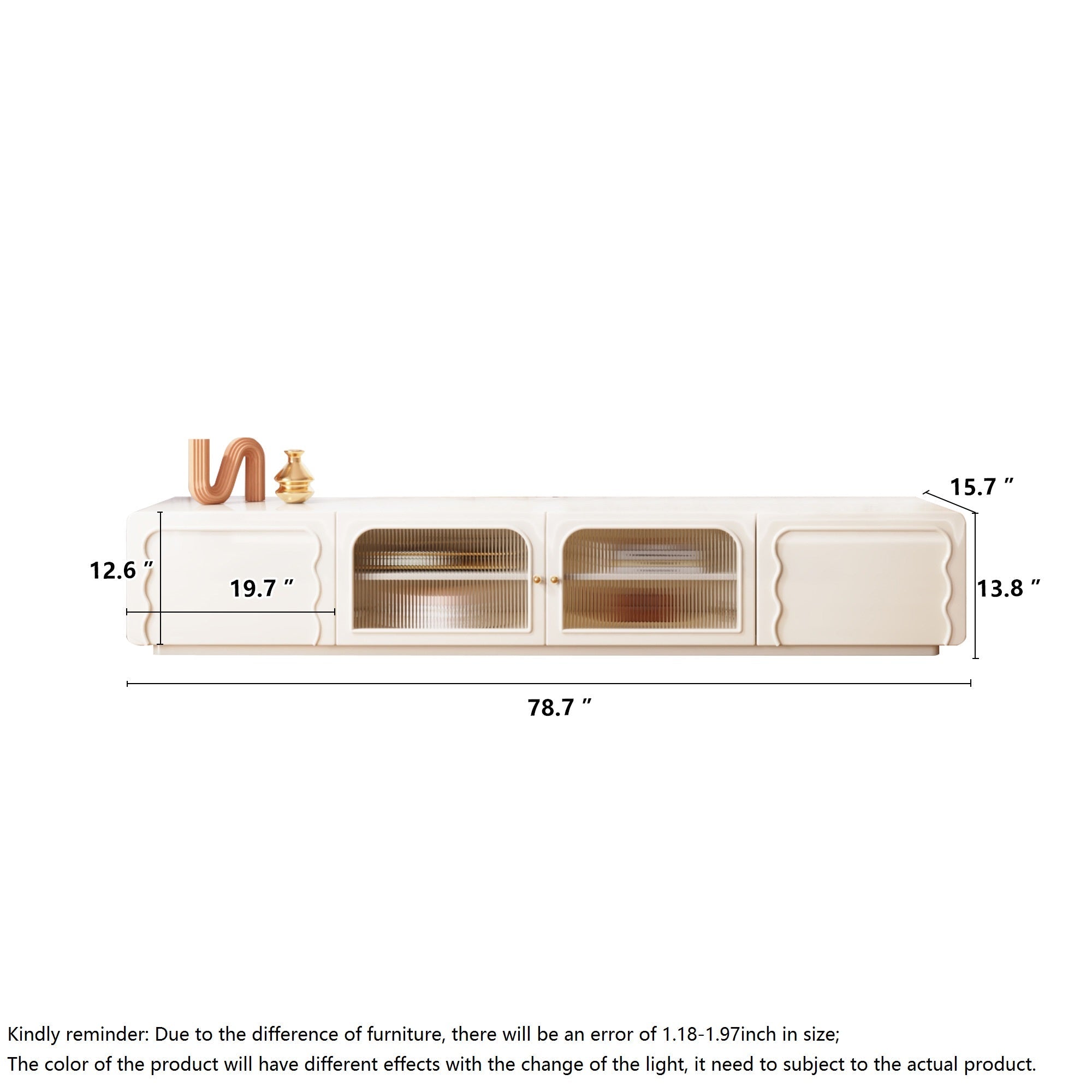 Beige Modern TV Stand with Glass Doors & Sintered Stone Top