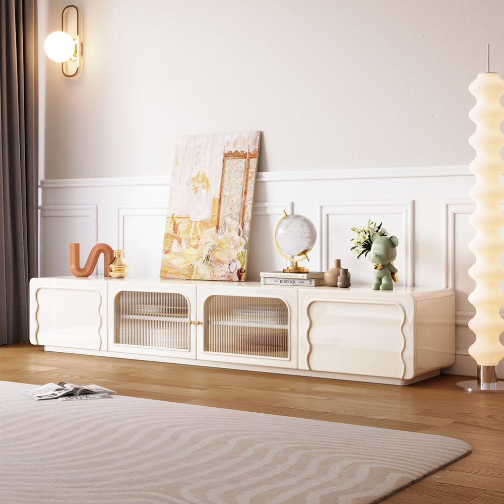 Beige Modern TV Stand with Glass Doors & Sintered Stone Top