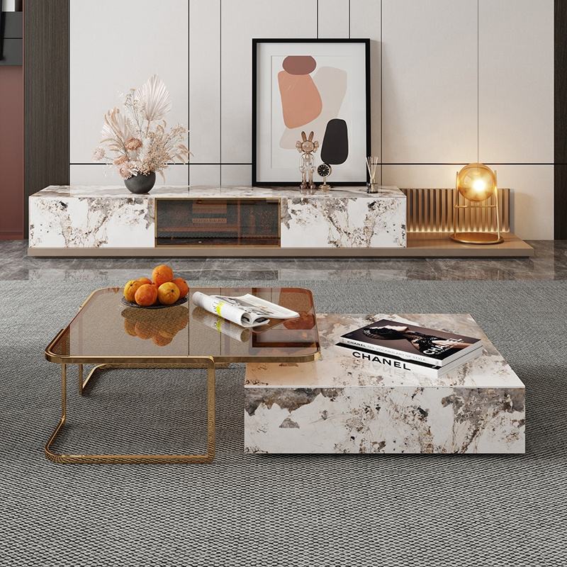 Modern Rectangular Coffee & End Table Set with Sintered Stone & Tawny Glass, Dual Drawers