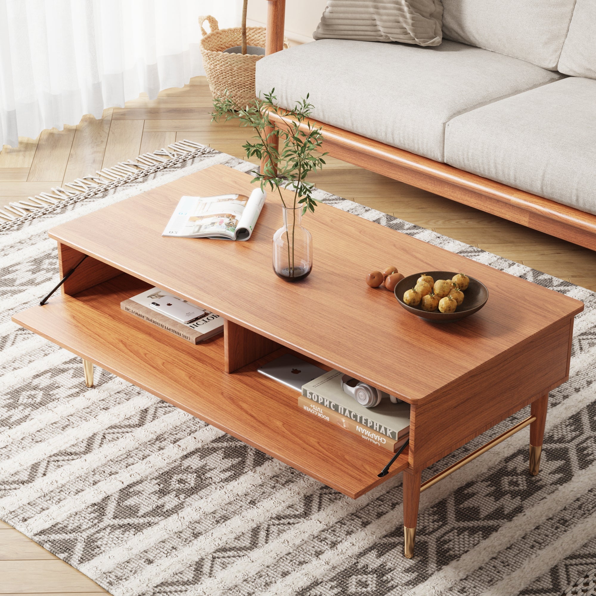 Modern Rectangular Wooden Coffee Table with Storage in Brown